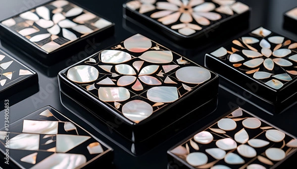 Fototapeta Korean mother-of-pearl patterns. Korean Lacquerware Pattern Design, featuring intricate Mother-of-Pearl Inlay on a rich black Lacquer background, crafted by traditional Korean Najeonchilgi artists