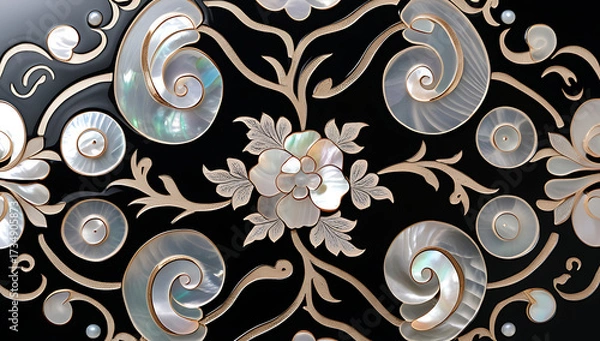 Fototapeta Korean mother-of-pearl patterns. Korean Lacquerware Pattern Design, featuring intricate Mother-of-Pearl Inlay on a rich black Lacquer background, crafted by traditional Korean Najeonchilgi artists