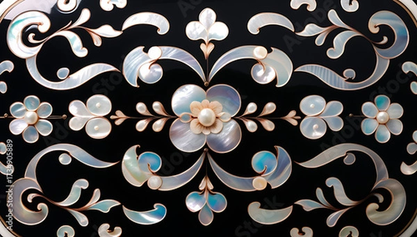Fototapeta Korean mother-of-pearl patterns. Korean Lacquerware Pattern Design, featuring intricate Mother-of-Pearl Inlay on a rich black Lacquer background, crafted by traditional Korean Najeonchilgi artists