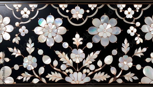 Fototapeta Korean mother-of-pearl patterns. Korean Lacquerware Pattern Design, featuring intricate Mother-of-Pearl Inlay on a rich black Lacquer background, crafted by traditional Korean Najeonchilgi artists