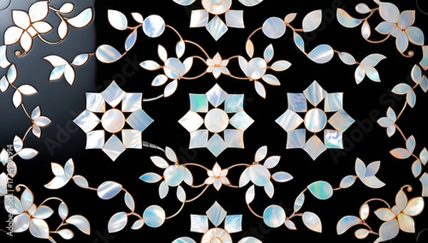 Fototapeta Korean mother-of-pearl patterns. Korean Lacquerware Pattern Design, featuring intricate Mother-of-Pearl Inlay on a rich black Lacquer background, crafted by traditional Korean Najeonchilgi artists