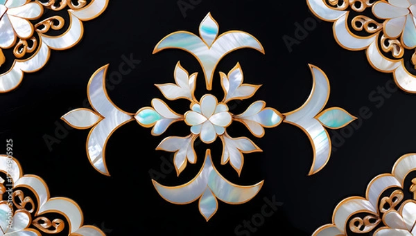 Fototapeta Korean mother-of-pearl patterns. Korean Lacquerware Pattern Design, featuring intricate Mother-of-Pearl Inlay on a rich black Lacquer background, crafted by traditional Korean Najeonchilgi artists