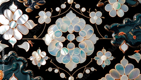 Fototapeta Korean mother-of-pearl patterns. Korean Lacquerware Pattern Design, featuring intricate Mother-of-Pearl Inlay on a rich black Lacquer background, crafted by traditional Korean Najeonchilgi artists