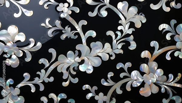 Fototapeta Korean mother-of-pearl patterns. Korean Lacquerware Pattern Design, featuring intricate Mother-of-Pearl Inlay on a rich black Lacquer background, crafted by traditional Korean Najeonchilgi artists
