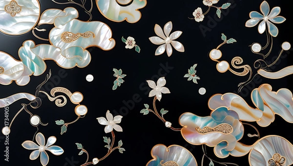 Fototapeta Korean mother-of-pearl patterns. Korean Lacquerware Pattern Design, featuring intricate Mother-of-Pearl Inlay on a rich black Lacquer background, crafted by traditional Korean Najeonchilgi artists