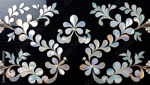 Fototapeta Korean mother-of-pearl patterns. Korean Lacquerware Pattern Design, featuring intricate Mother-of-Pearl Inlay on a rich black Lacquer background, crafted by traditional Korean Najeonchilgi artists