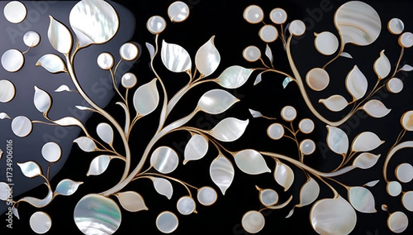 Fototapeta Korean mother-of-pearl patterns. Korean Lacquerware Pattern Design, featuring intricate Mother-of-Pearl Inlay on a rich black Lacquer background, crafted by traditional Korean Najeonchilgi artists