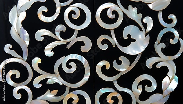 Fototapeta Korean mother-of-pearl patterns. Korean Lacquerware Pattern Design, featuring intricate Mother-of-Pearl Inlay on a rich black Lacquer background, crafted by traditional Korean Najeonchilgi artists
