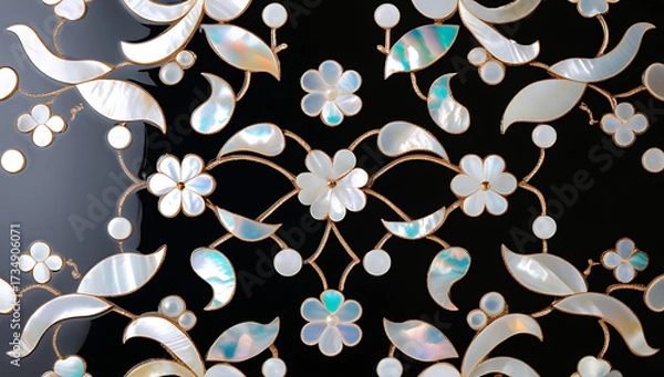 Fototapeta Korean mother-of-pearl patterns. Korean Lacquerware Pattern Design, featuring intricate Mother-of-Pearl Inlay on a rich black Lacquer background, crafted by traditional Korean Najeonchilgi artists