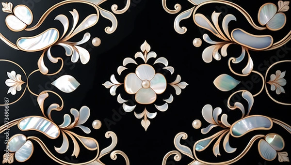 Fototapeta Korean mother-of-pearl patterns. Korean Lacquerware Pattern Design, featuring intricate Mother-of-Pearl Inlay on a rich black Lacquer background, crafted by traditional Korean Najeonchilgi artists