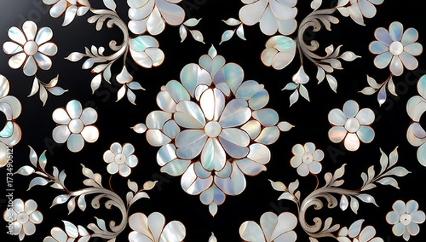 Fototapeta Korean mother-of-pearl patterns. Korean Lacquerware Pattern Design, featuring intricate Mother-of-Pearl Inlay on a rich black Lacquer background, crafted by traditional Korean Najeonchilgi artists
