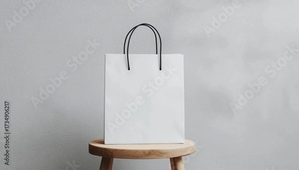 Fototapeta Mock-up of blank package, mockup of white paper shopping bag with handles on wooden chair on the white background, empty area with copy space for your logo or design