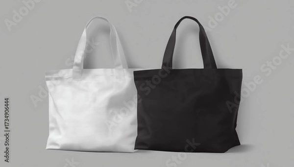 Fototapeta mockup of two plain tote bags, one white and one black, lying side by side