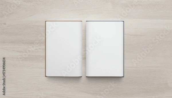 Fototapeta Open and closed blank brochures on wooden background, top view. Mock up for design