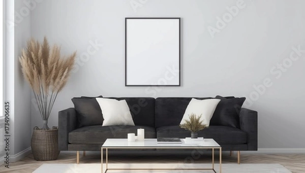 Fototapeta Mock-up poster frame in bedroom, Scandinavian style, 3d render