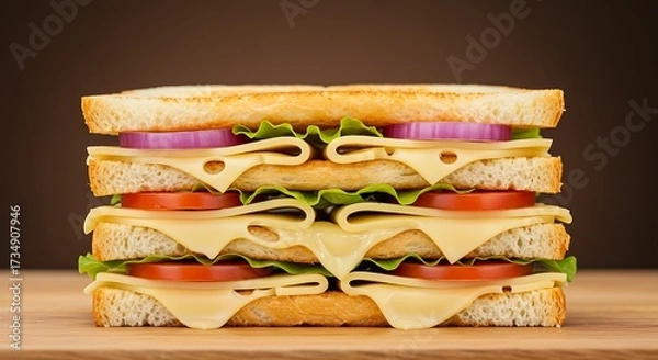 Obraz Delicious sandwich with multiple layers of ingredients on a wooden surface