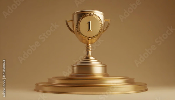Fototapeta Golden first place trophy gleaming on a tiered pedestal, symbolizing achievement and victory