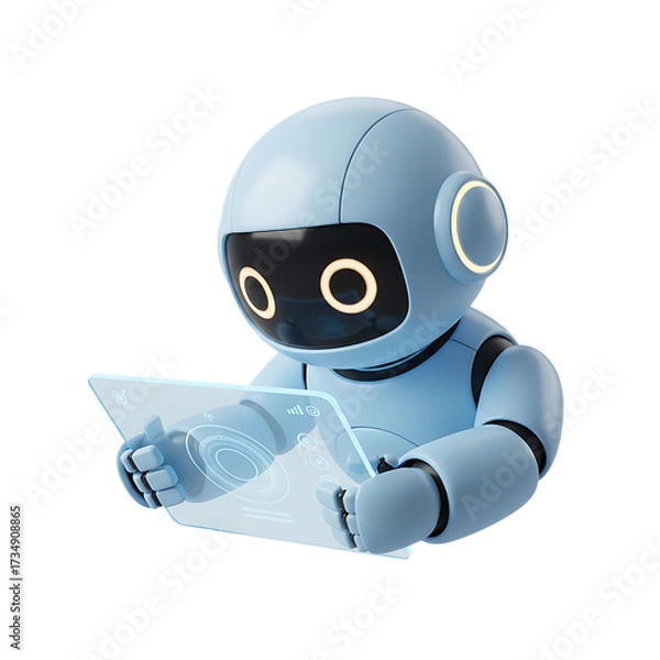 Fototapeta 3d illustration of modern blue robot using a transparent tablet isolated on transparent background, showcasing advanced technology and artificial intelligence