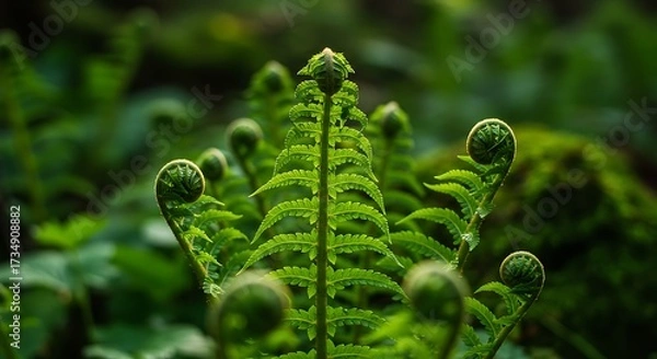 Fototapeta Close up of vibrant green fern leaves with detailed texture against blurred background