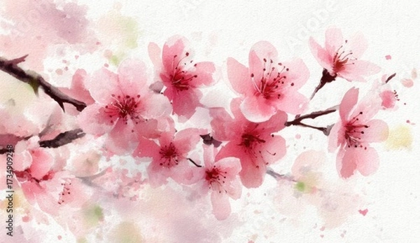 Fototapeta Delicate watercolor blossoms in soft pinks and whites, beautifully depicting a branch laden with cherry blossoms, highlighting the painterly texture and soft tones.