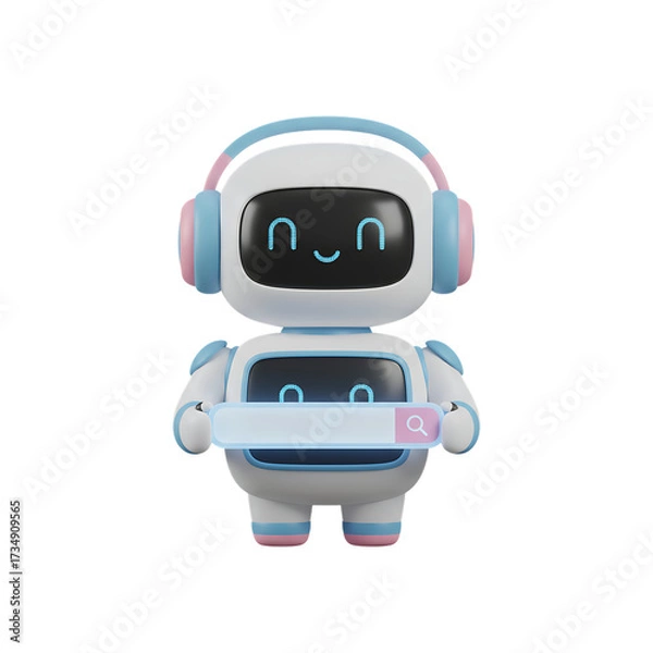 Fototapeta 3d illustration of a 3d rendering of a cute robot with headphones holding a search bar isolated on transparent background