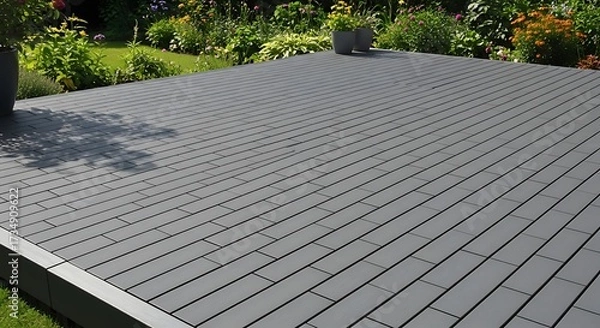 Fototapeta Gray Patio Deck with Rectangular Pavers.