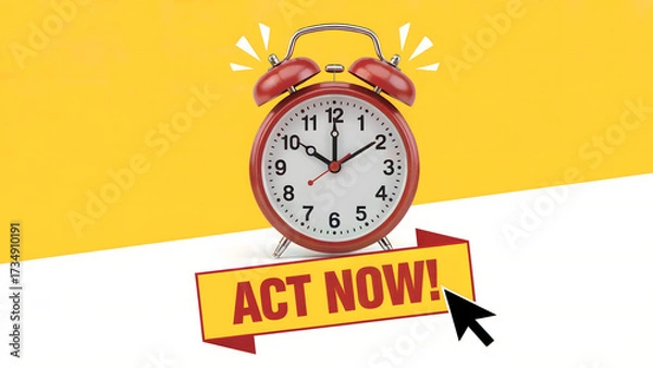 Fototapeta Red alarm clock with act now banner on yellow and white background urging viewers to take immediate action