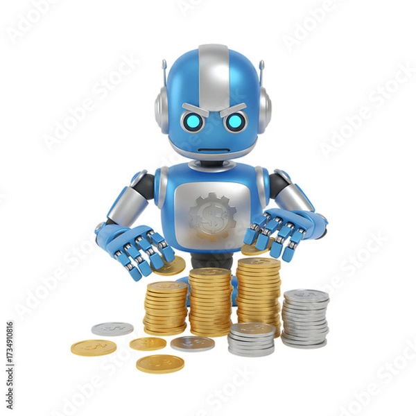 Fototapeta 3d illustration of happy robot sitting behind stacks of gold and silver coins, isolated on transparent background concept of wealth, investment, and financial success