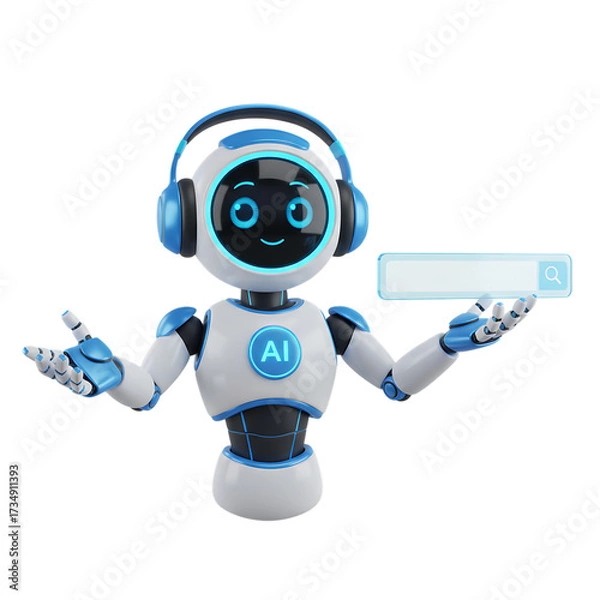 Fototapeta 3d illustration of cute ai robot wearing headphones presenting a search bar isolated on transparent background concept of artificial intelligence and machine learning