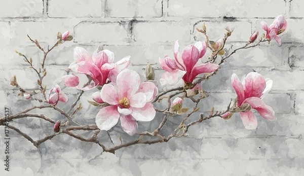 Obraz Delicate magnolia blossoms bloom against a weathered gray brick wall, showcasing soft pinks and muted grays in a tranquil and serene image.