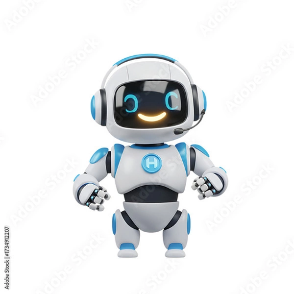 Fototapeta 3d illustration of friendly white robot with headphones isolated on transparent background cute smiling robot character with glowing face ai support assistant concept