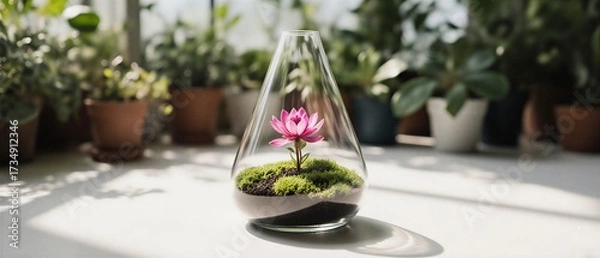 Obraz delicate pink flower blooming inside a clear glass terrarium on a bright white surface | botany, decoration, spring, wellness, hobby theme