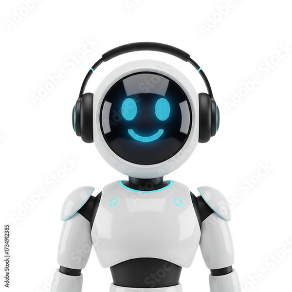 Fototapeta 3d illustration of friendly robot with headphones isolated on transparent background cute and modern robot character with a smiley face on the screen, listening to music