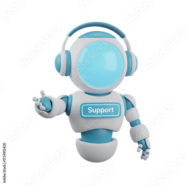 Fototapeta 3d illustration of a cute white robot is wearing headphones and has support on his chest isolated on transparent background, representing customer service