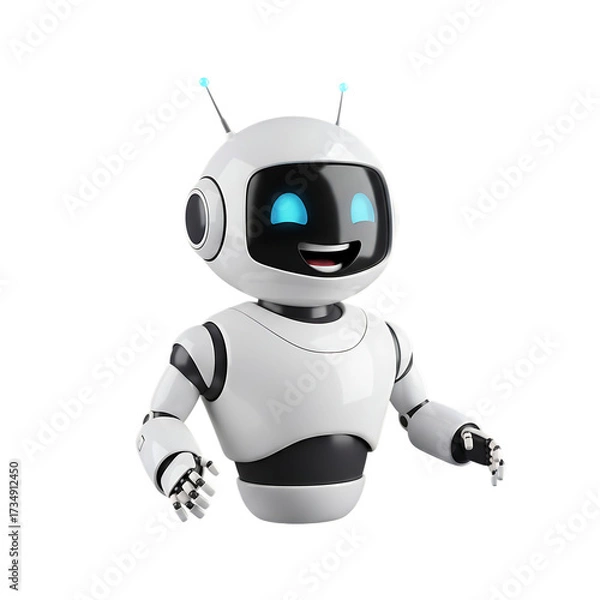 Fototapeta 3d illustration of a friendly white robot with a smiling face isolated on transparent background, offering a welcoming gesture with its arms outstretched in a cheerful pose