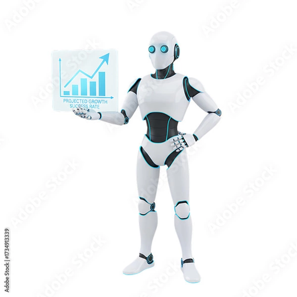 Fototapeta 3d illustration of confident robot presenting a growth chart isolated on transparent background, showcasing data analysis and business success in a sleek design