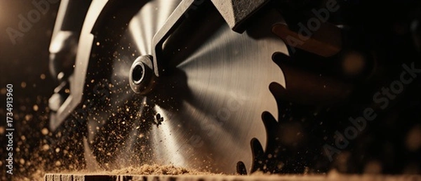 Obraz circular saw blade cuts through wood, close-up detail of industrial power tool | construction, carpentry, industry, workshop, tools theme