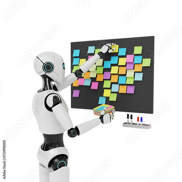 Fototapeta 3d illustration of modern robot attaching sticky notes to a board isolated on transparent background concept of project management, planning, brainstorming and teamwork