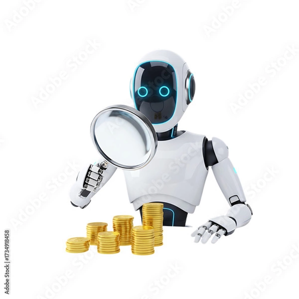 Fototapeta 3d illustration of robot examining stack of gold coins with magnifying glass isolated on transparent background concept of financial analysis and investment research