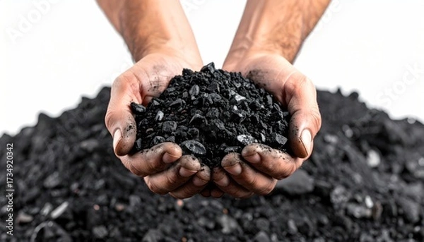 Fototapeta Coal grains in man coal miner's hands over a pile, closeup. Coal house heating and home heating energy. Mining industry and environment protection
