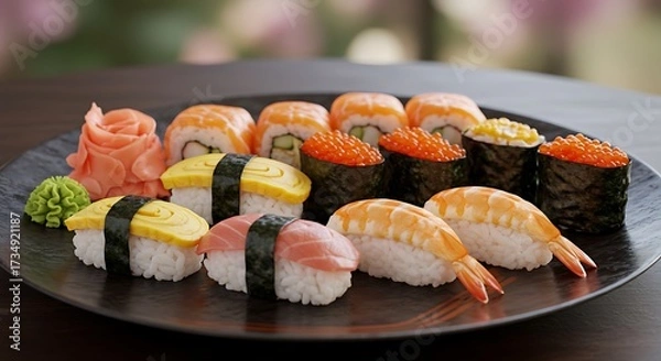 Obraz Delicious sushi assortment arranged on a black plate ready to eat