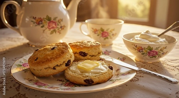 Obraz Afternoon tea setting with scones cream and teapot on a floral plate