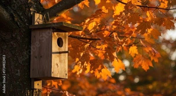 Fototapeta Peaceful Autumn Scene with a Wooden Birdhouse on a Tree with Golden Leaves