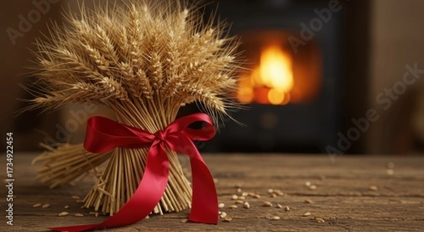Fototapeta Rustic Autumn Scene with a Sheaf of Wheat by a Cozy Fireplace