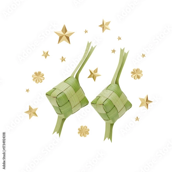 Fototapeta 3d illustration of ketupat with star and flower isolated on transparent background traditional rice dumpling served during eid alfitr celebration in southeast asia