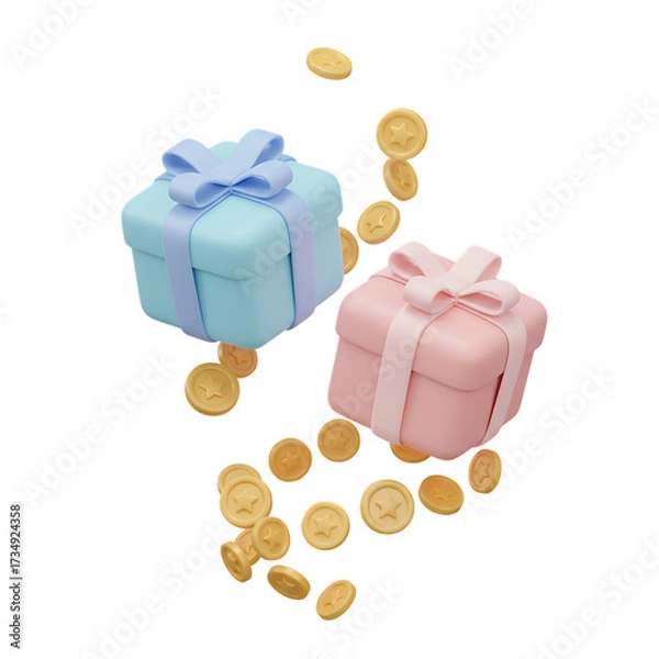 Fototapeta 3d illustration of 3d rendering of gift box and coin isolated on transparent background concept of reward, bonus, cashback, prize, and special offer