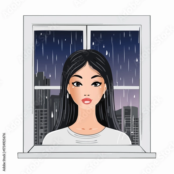 Obraz Asian woman with soulful eyes gazes through a rain-soaked window, reflecting autumn blues and feelings of sadness, capturing the essence of melancholy in a cityscape
