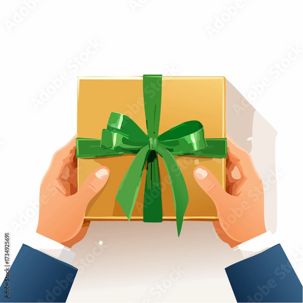 Obraz Male hands in a flat illustration wrapping a green satin ribbon around a golden present, showcasing a festive Christmas gift preparation concept with copy space