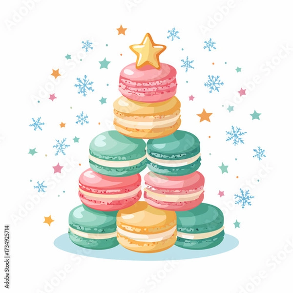 Obraz Colorful stack of macarons arranged like a mini Christmas tree with a star on top, surrounded by pastel snowflakes and festive decorations, flat vector illustration