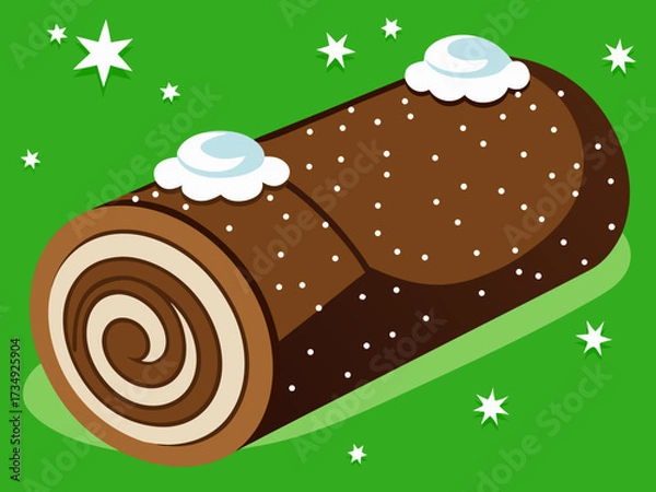 Fototapeta Chocolate Swiss Yule log dessert illustration with cream topping and festive Christmas stars on a vibrant green background, showcasing a delicious and inviting treat for celebrations
